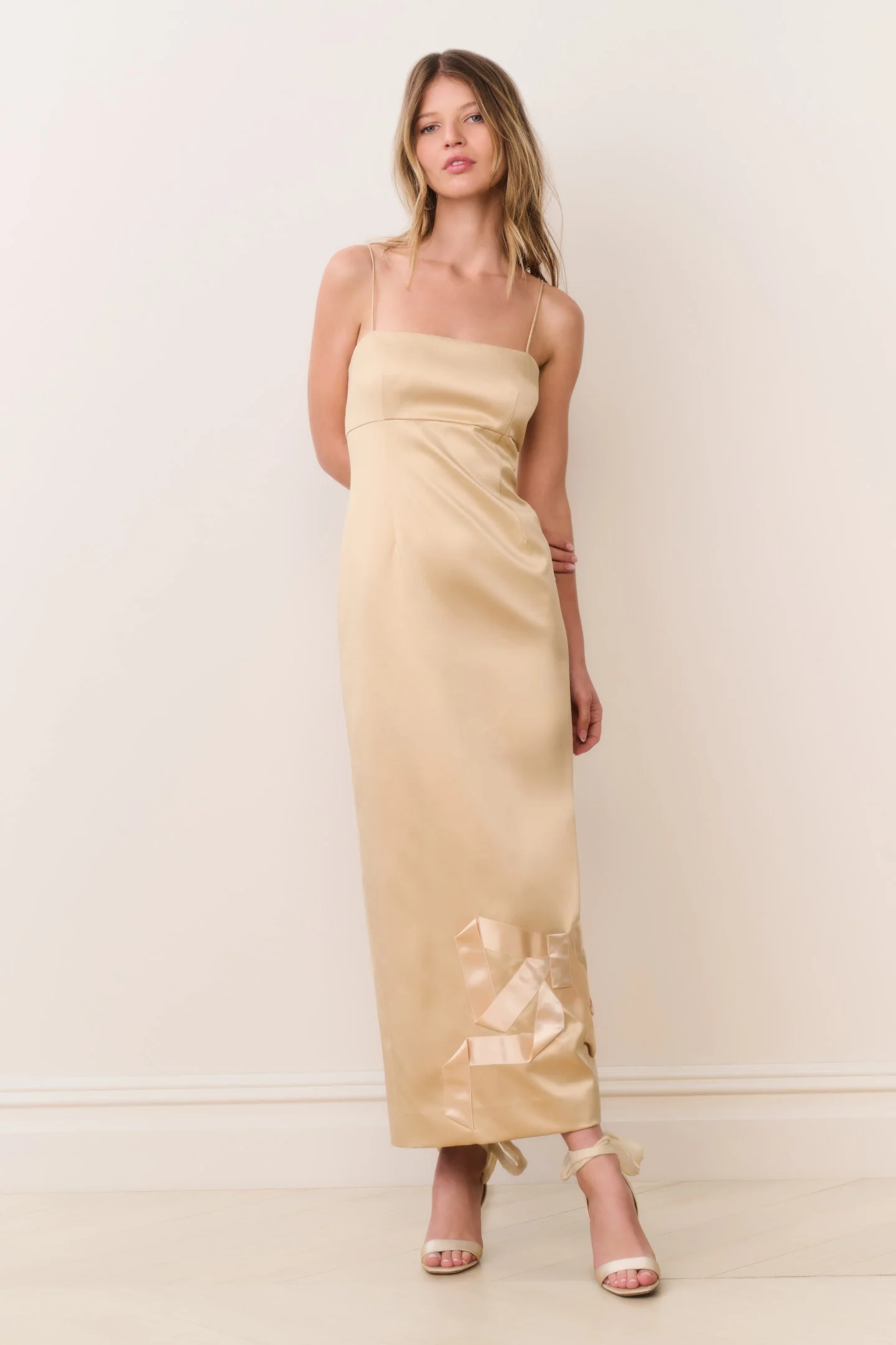 Calise Satin Bow Detail Midi Dress - GOLD
