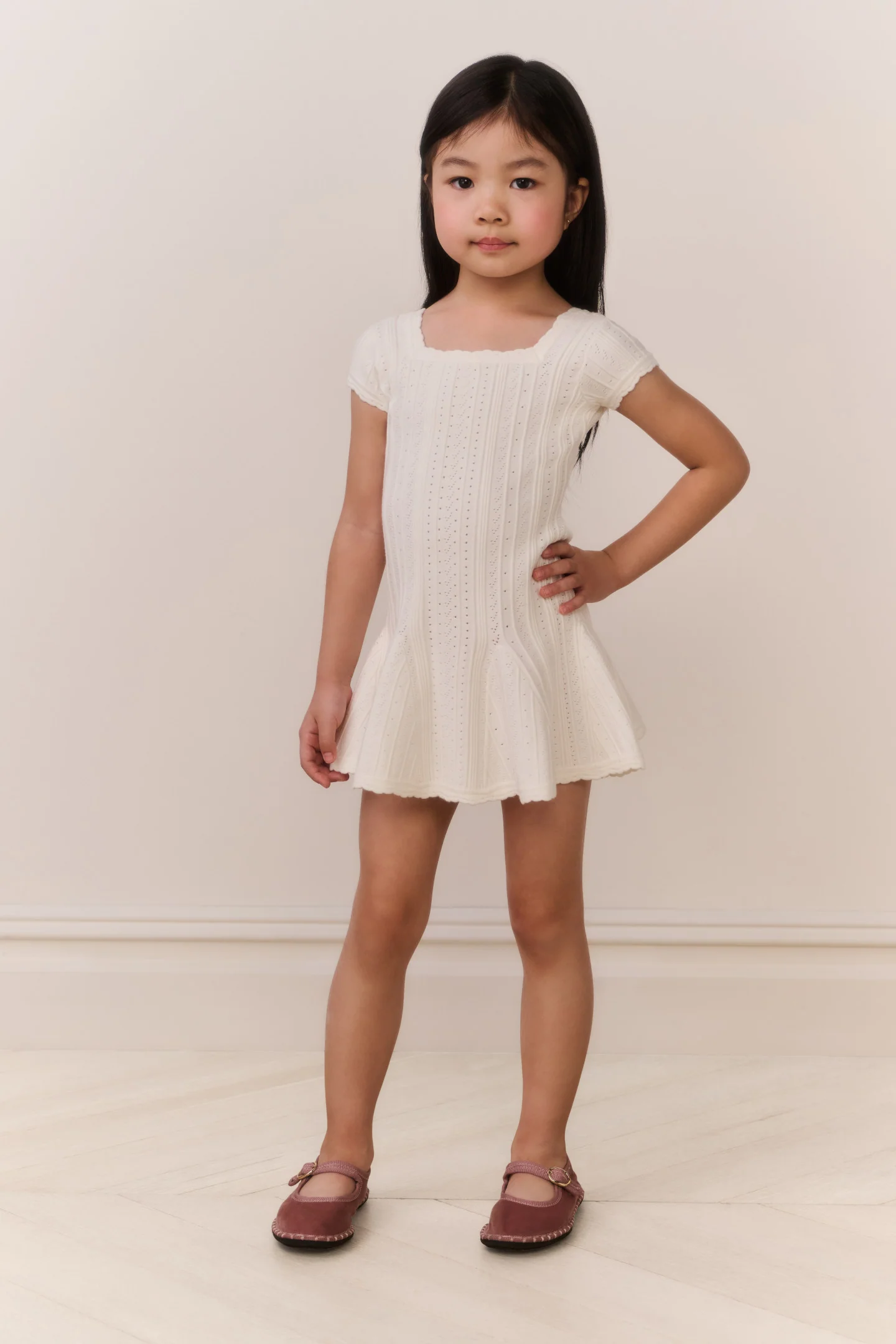 Little Girls Daffron Pointelle Dress - WHITE TEA