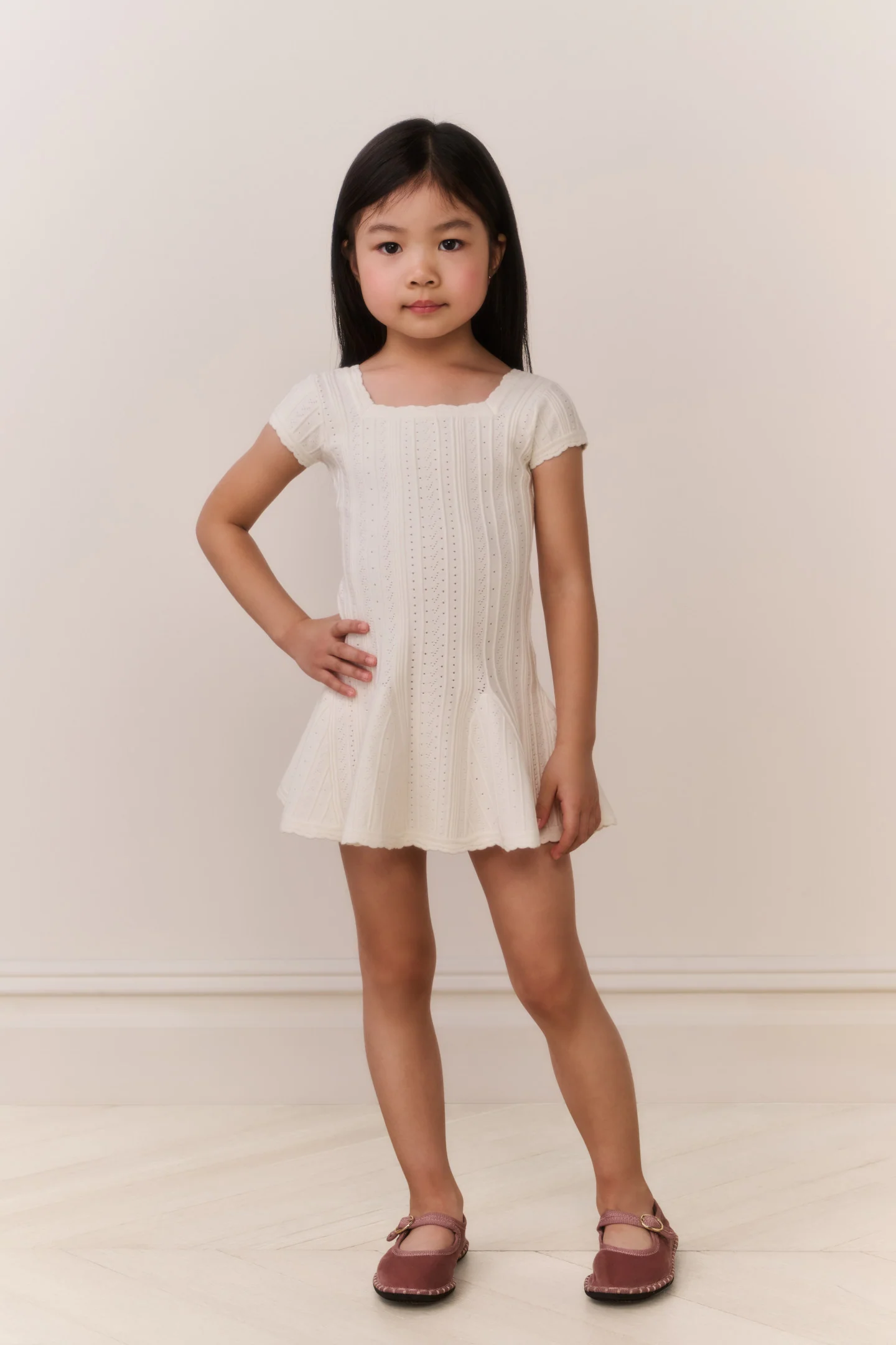 Little Girls Daffron Pointelle Dress - WHITE TEA - Image 2