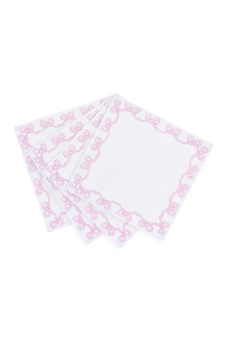 Embroidered Linen Bow Napkins - FESTIVE PINK