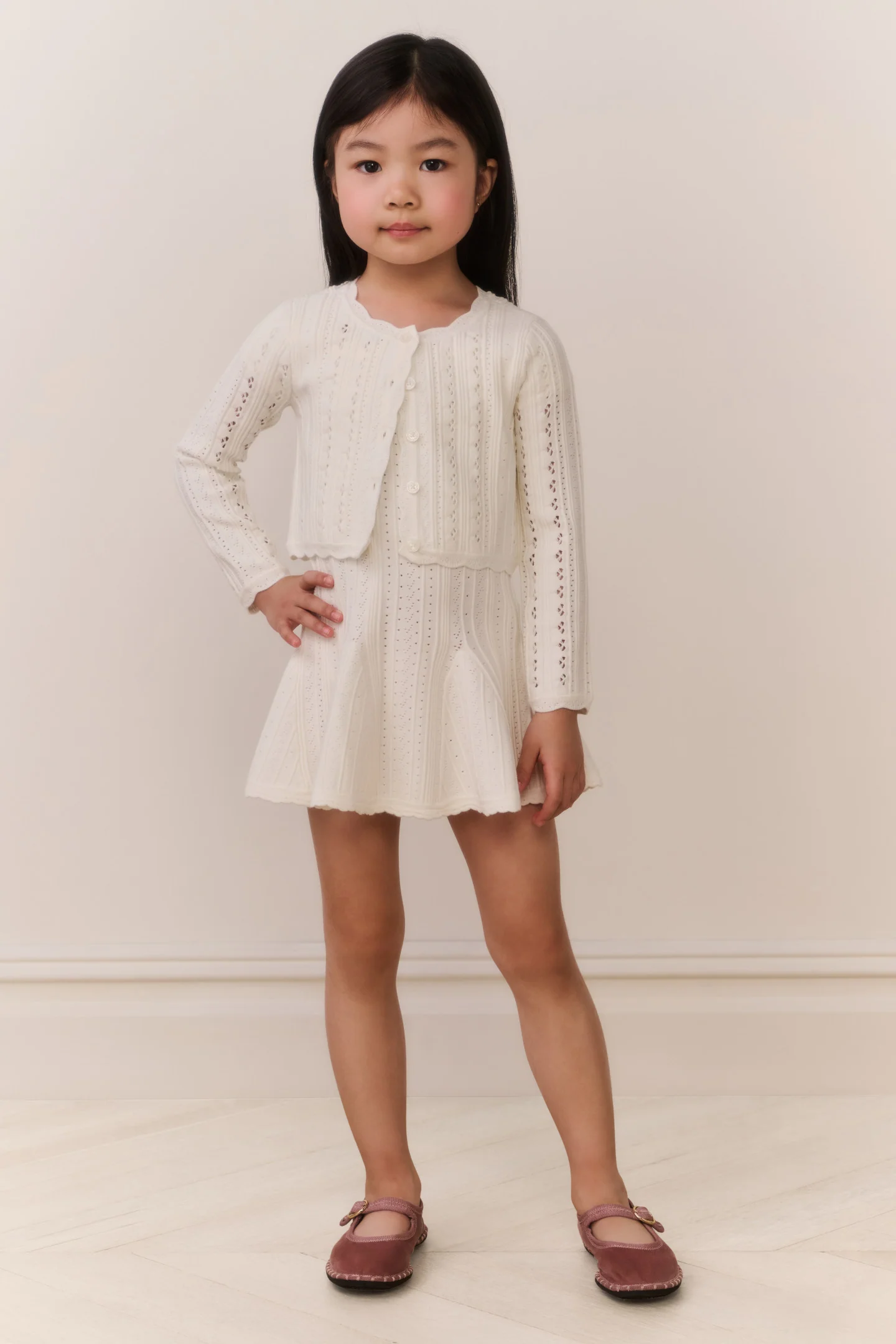Little Girls Emlynn Pointelle Cardigan - WHITE TEA - Image 2