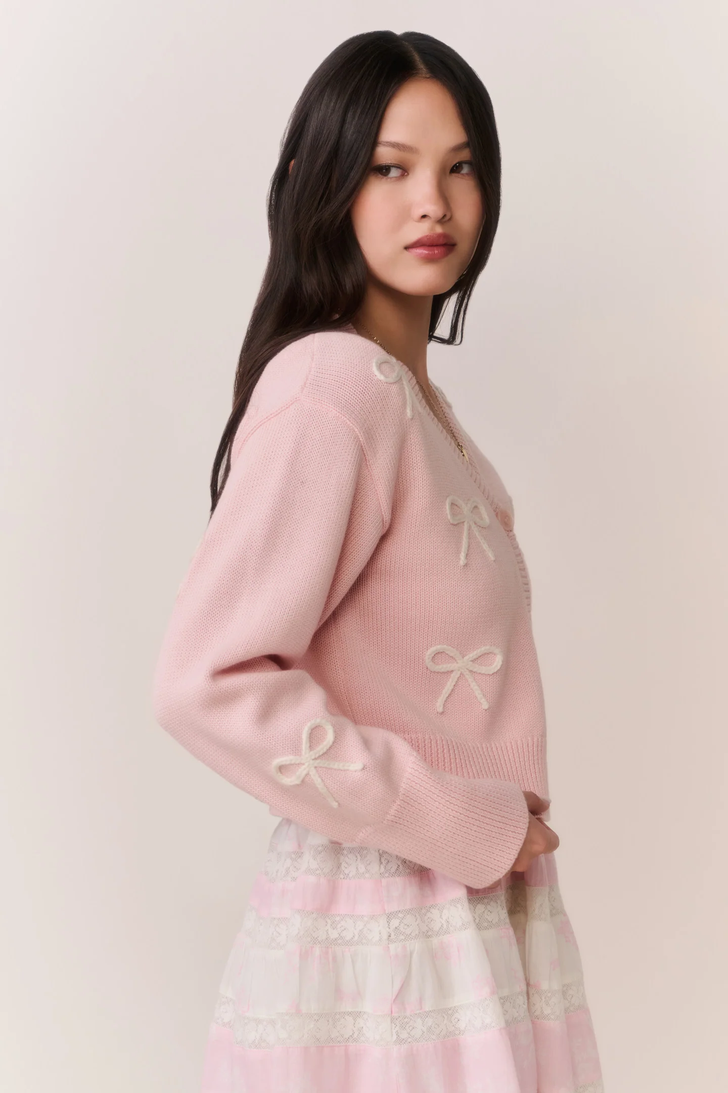 Francette Cotton Bow Embroidered Cardigan - Image 4