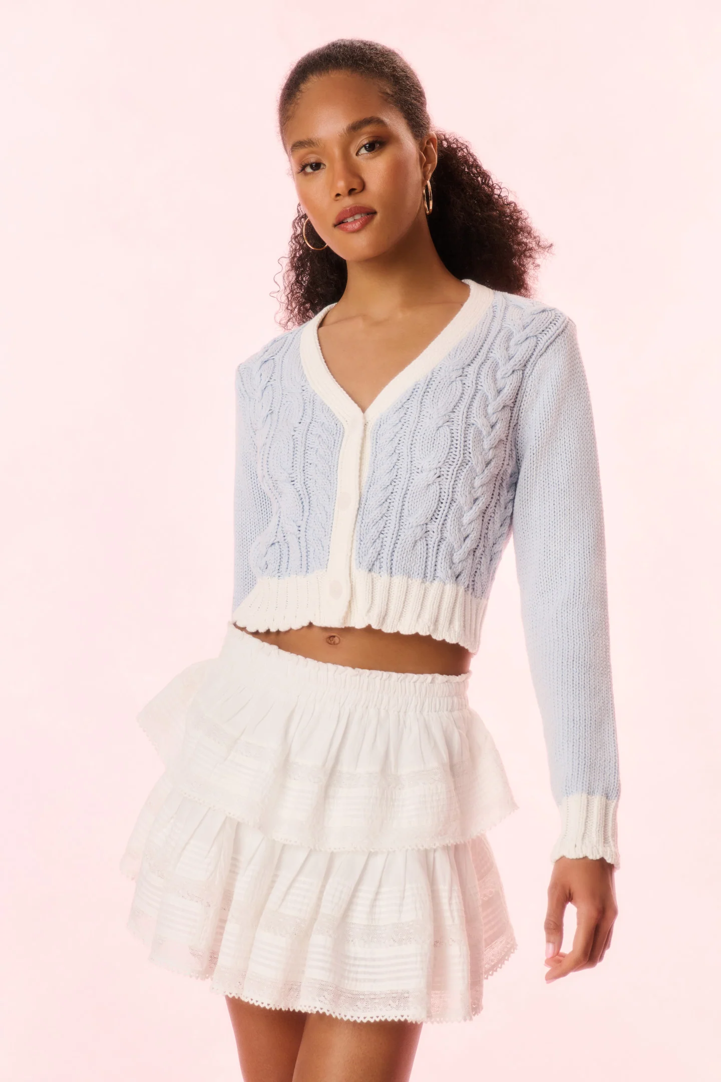 Hyacinth Cropped Cable Knit Cardigan - SUGAR SKY