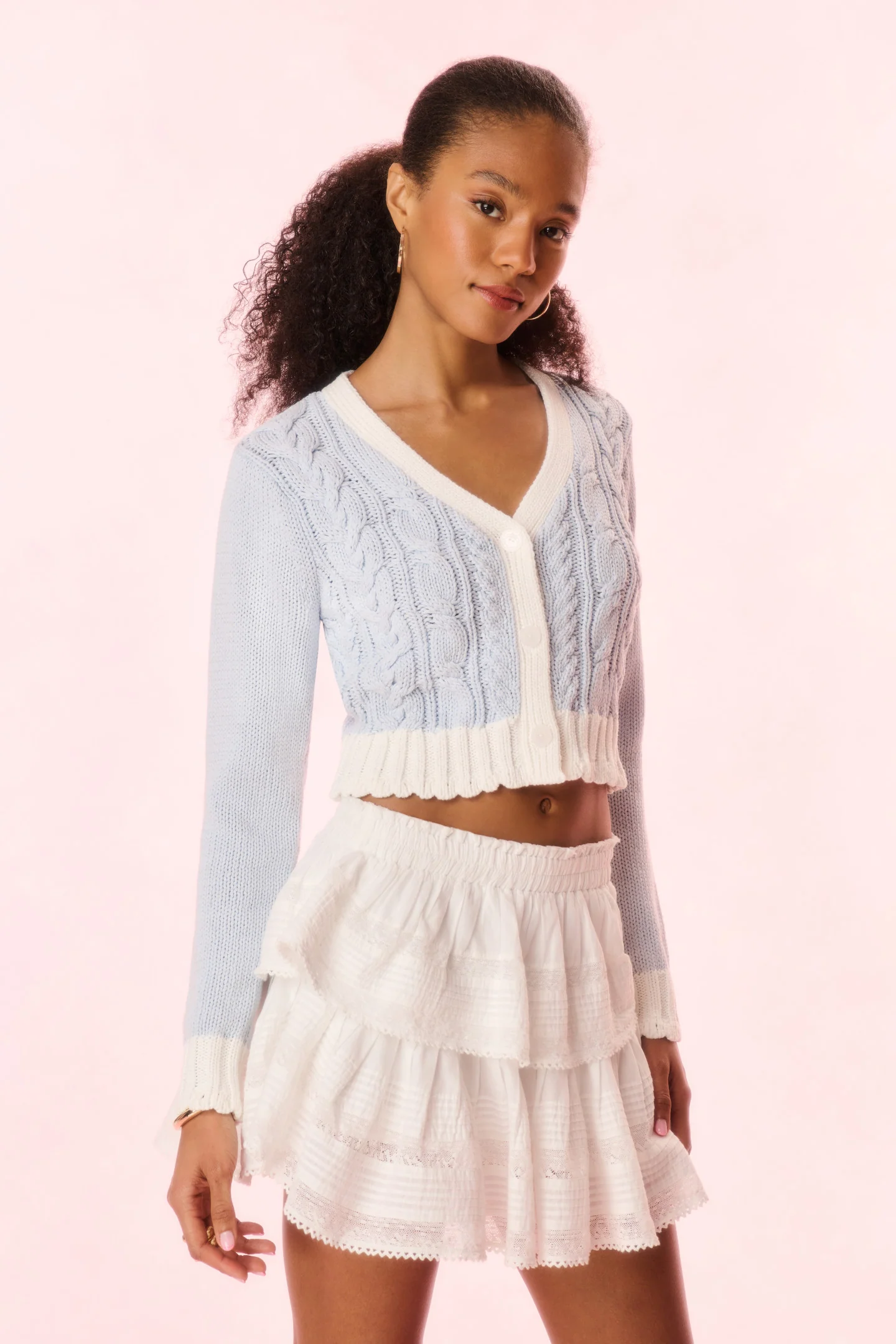 Hyacinth Cropped Cable Knit Cardigan - SUGAR SKY - Image 3