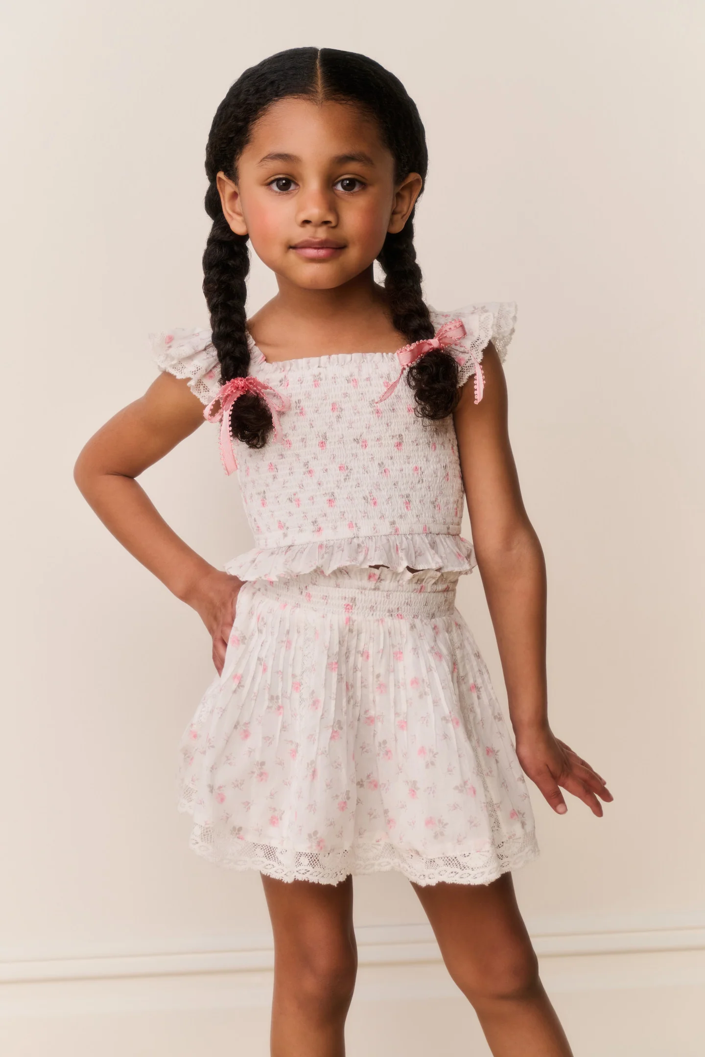 Little Girls Jeanna Floral Cotton Top - SUNWASHED IVORY