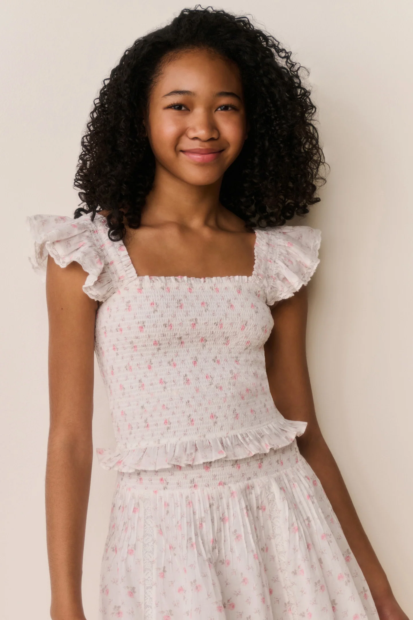 Tween Jeanna Floral Cotton Top - SUNWASHED IVORY