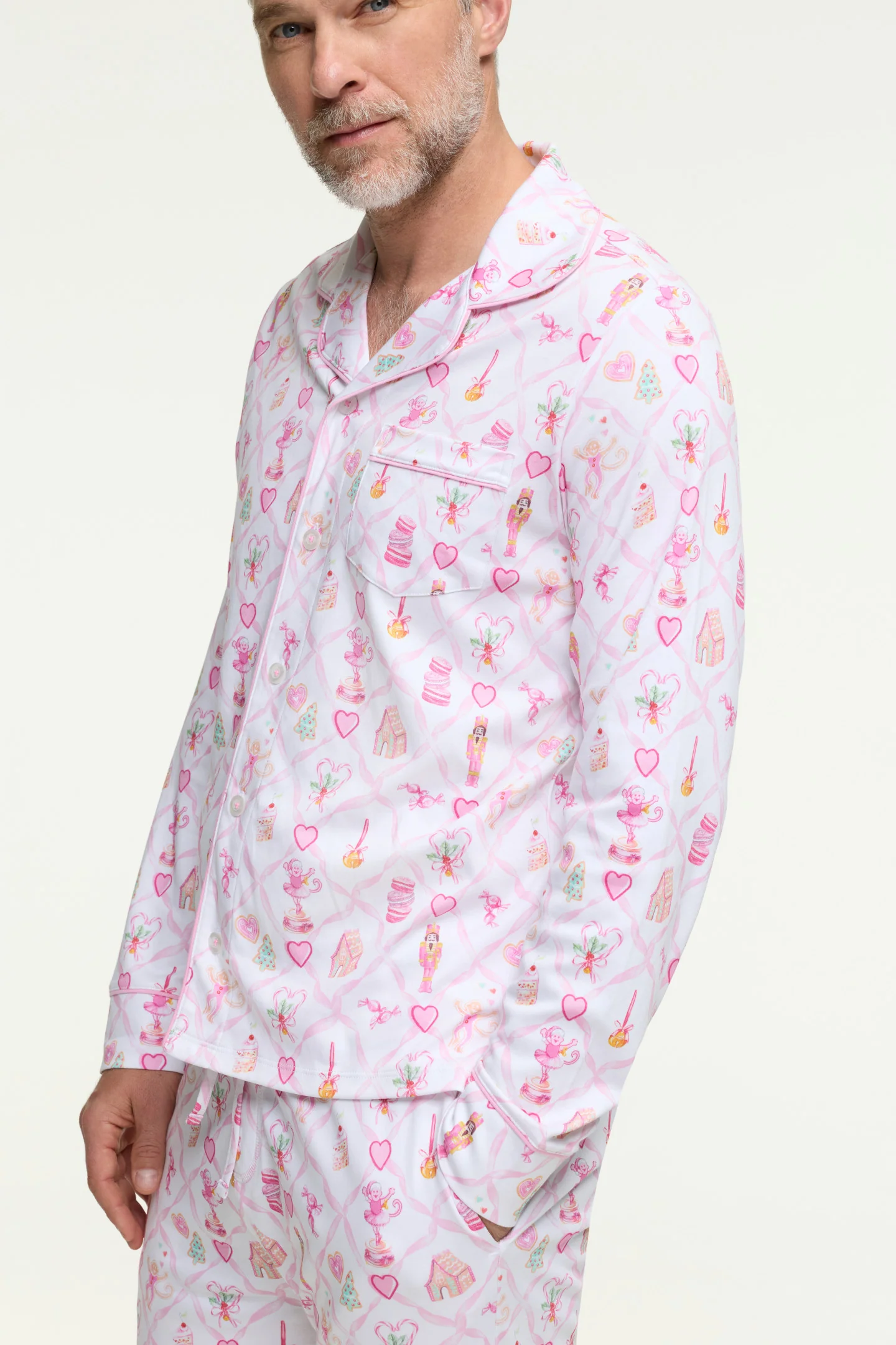 LoveShackFancy x Roller Rabbit Mens Sugarplum Lattice Long Sleeve Polo Pajamas - Image 4