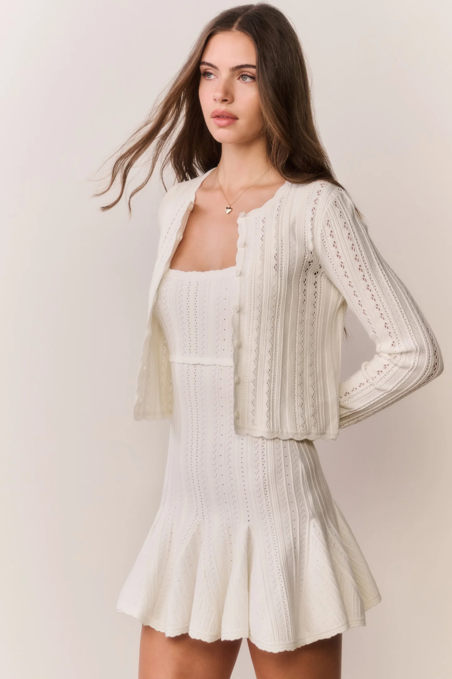 Peridot Stretch Pointelle Cardigan - WHITE TEA - Image 3