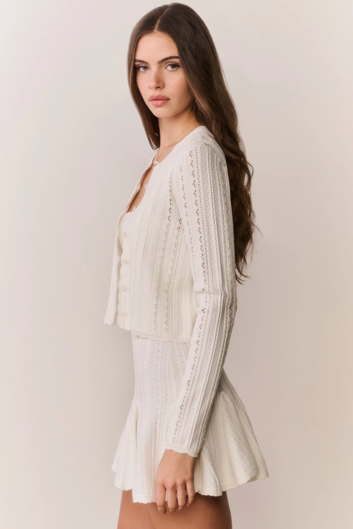 Peridot Stretch Pointelle Cardigan - WHITE TEA - Image 4