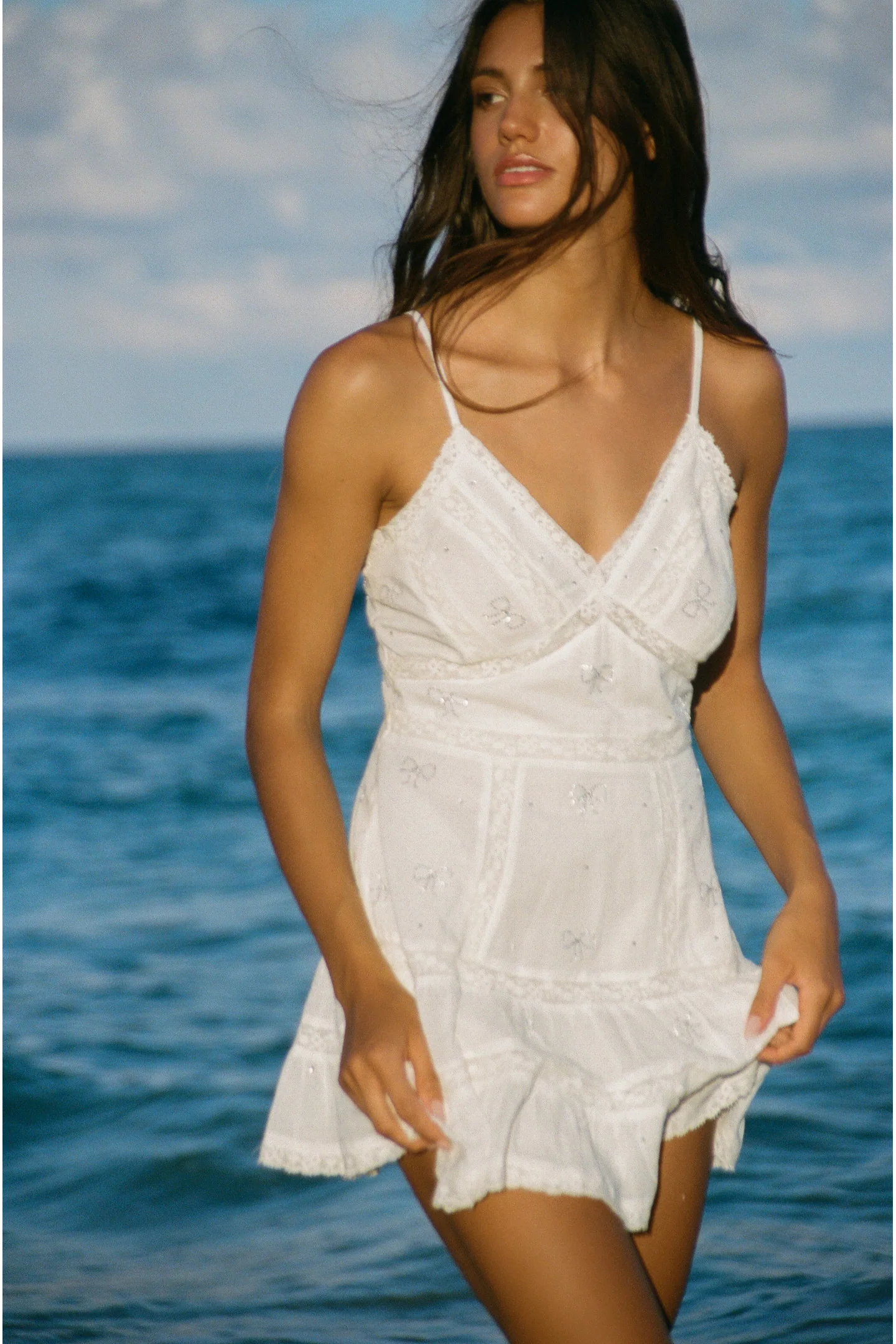 Solbina Crystal Bow Cotton Mini Dress - WHITE