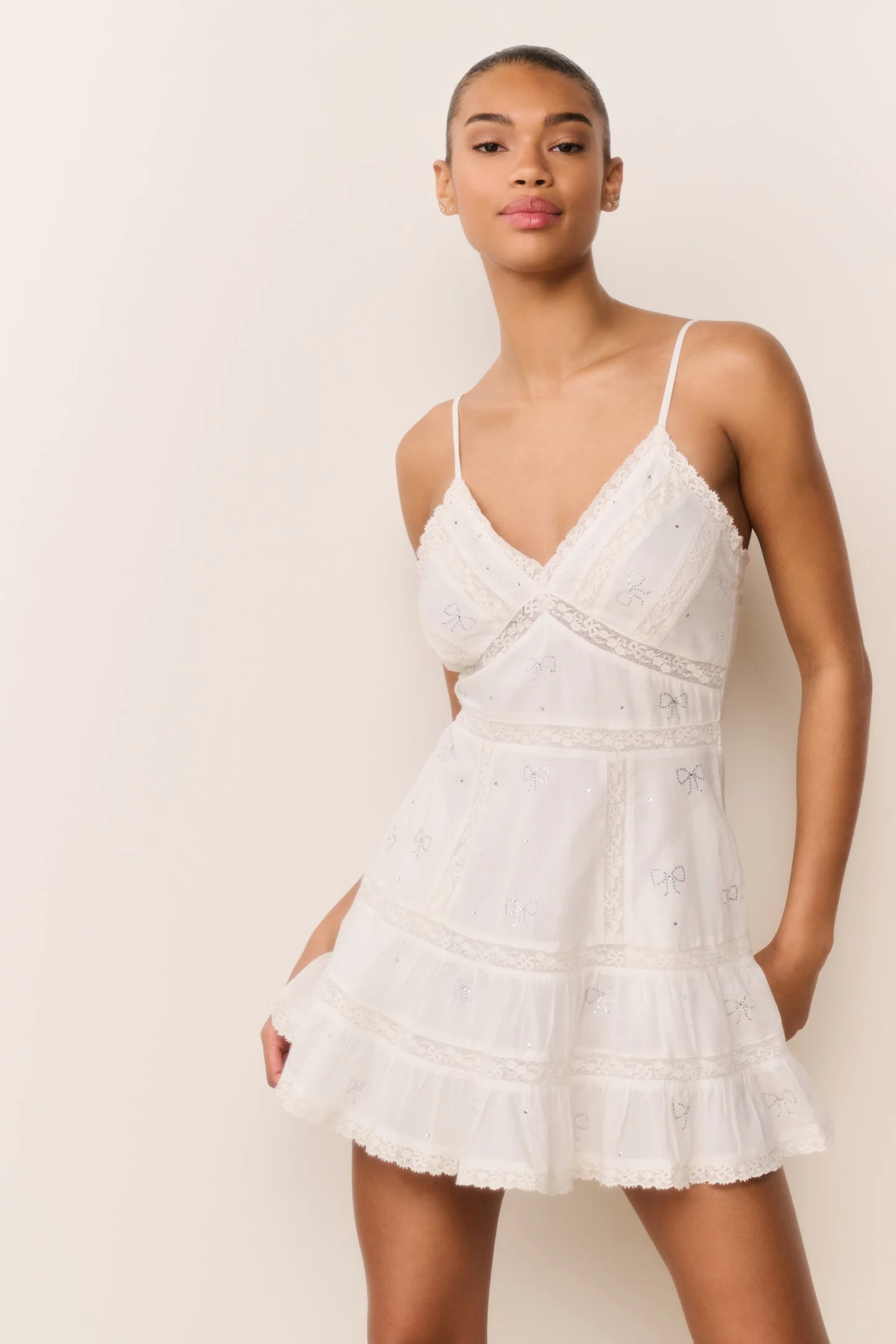 Solbina Crystal Bow Cotton Mini Dress - WHITE - Image 2