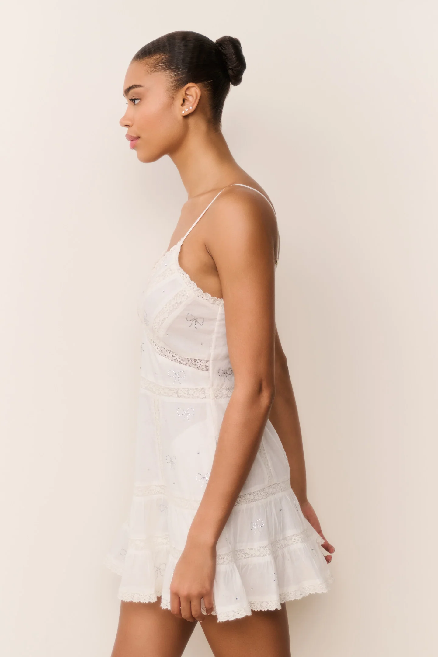 Solbina Crystal Bow Cotton Mini Dress - WHITE - Image 5