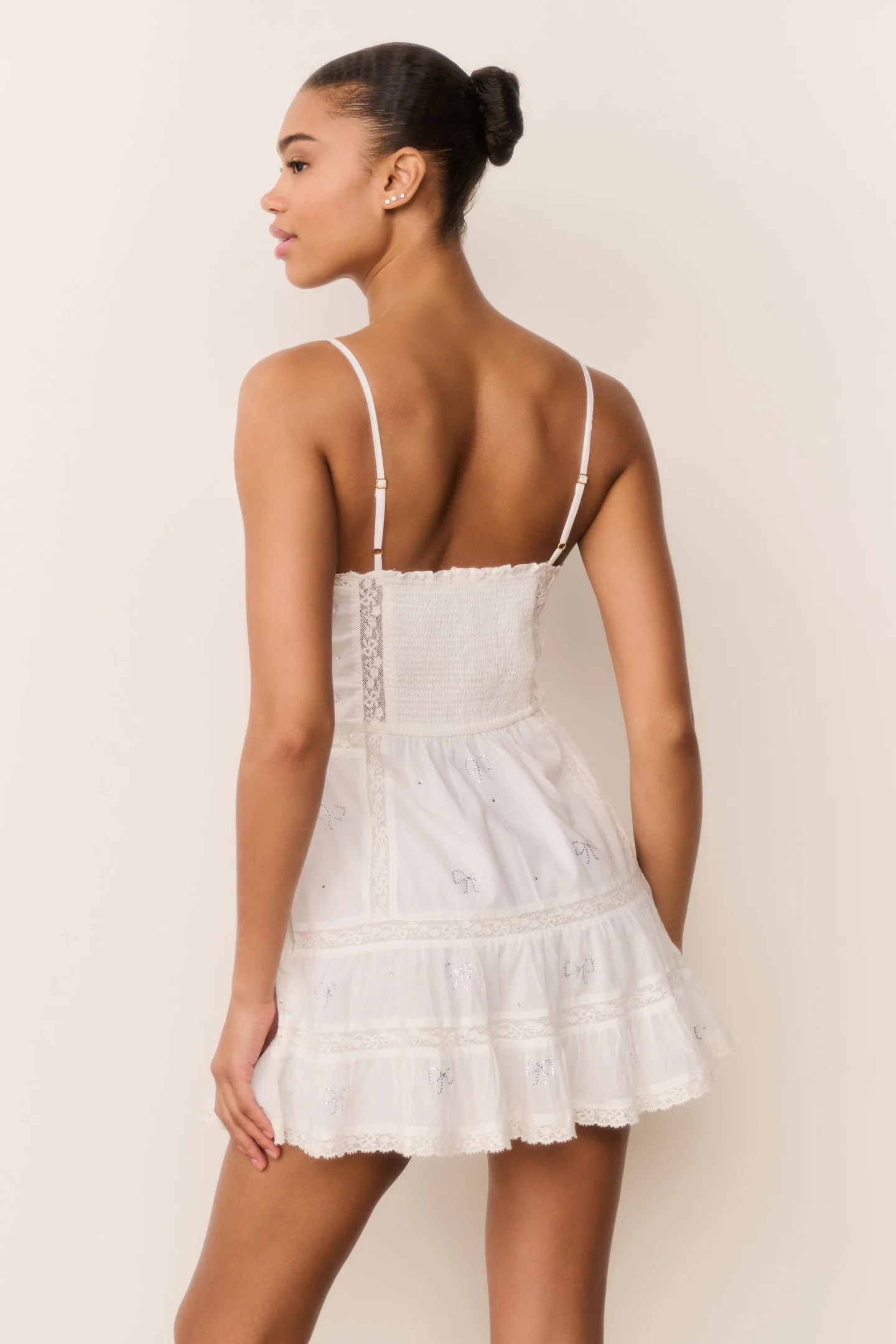 Solbina Crystal Bow Cotton Mini Dress - WHITE - Image 6