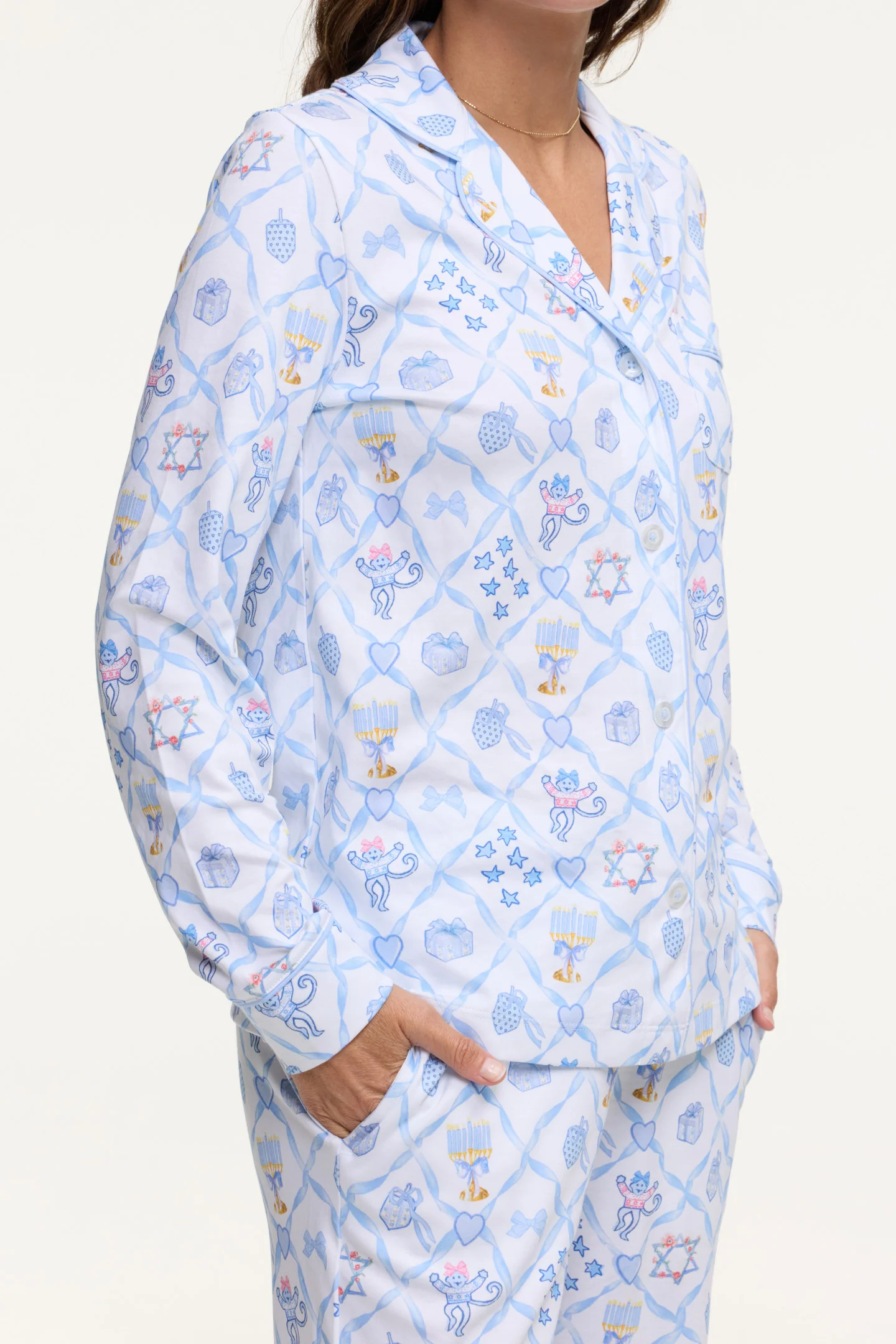 LoveShackFancy x Roller Rabbit Starry Nights Lattice Long Sleeve Polo Pajamas - Image 5