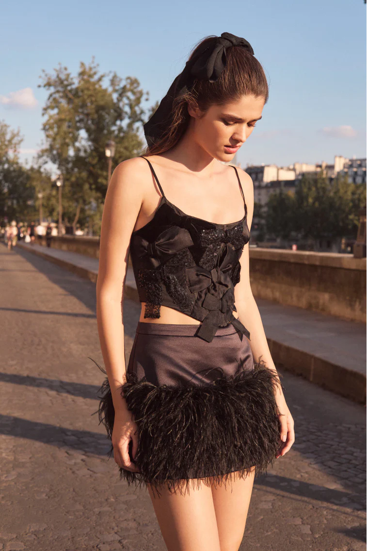 Viviette Feather Mini Skirt - BLACK - Image 6